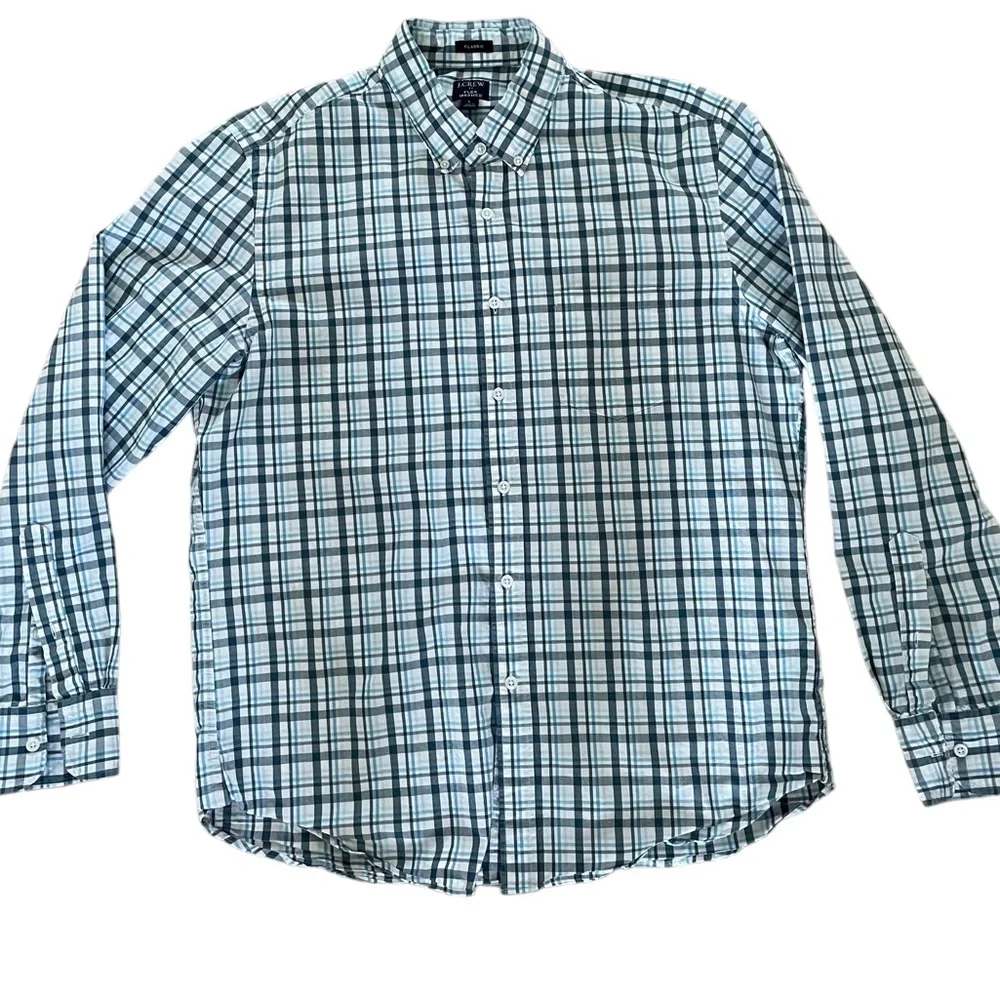 J. CREW OXFORD LONG SLEEVED BUTTON DOWN SHIRT Size L Blue Gray and White Plaid